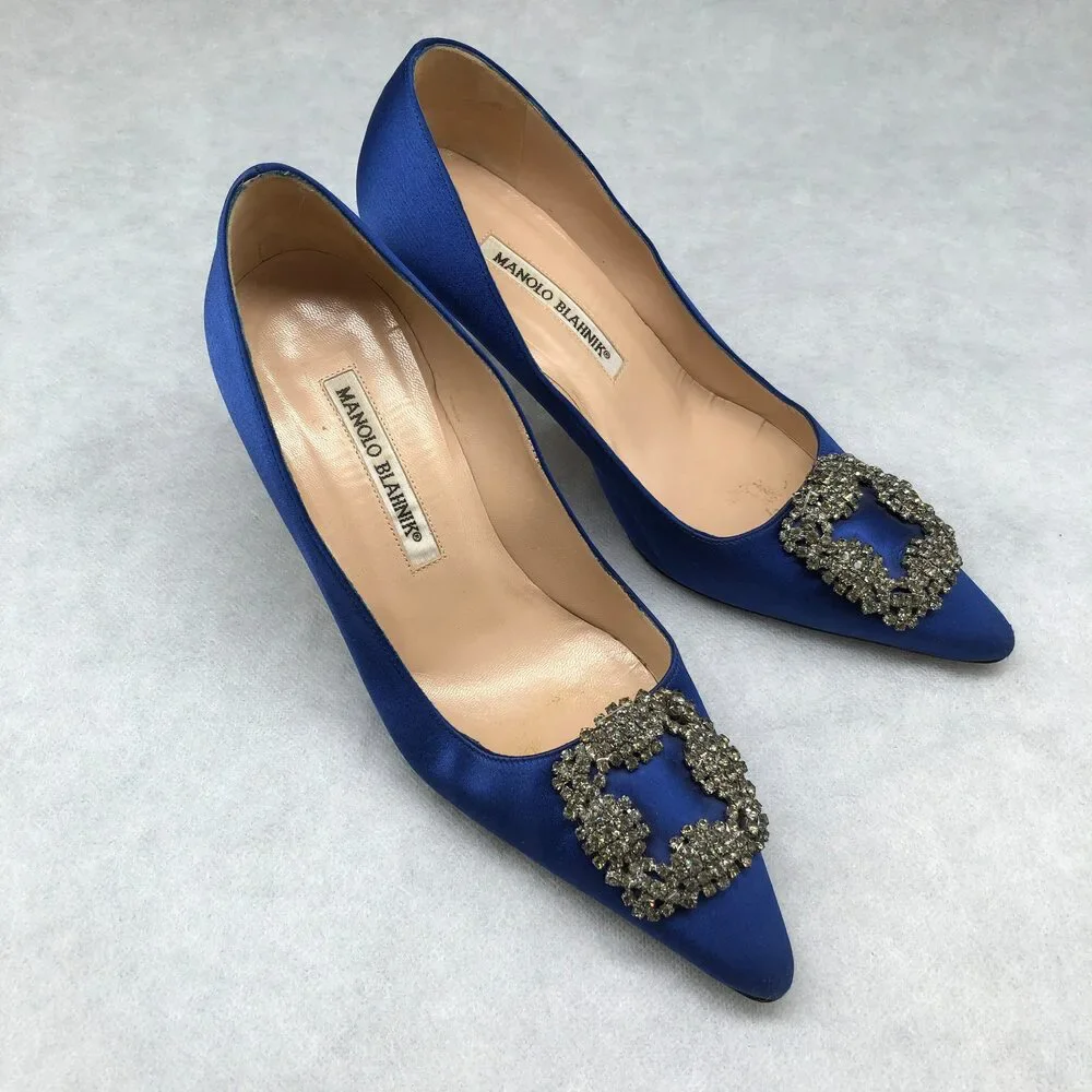 Manolo Blahnik Cobalt Satin Pointed-Toe Pumps with Jeweled Buckle - Picture 2 of 10